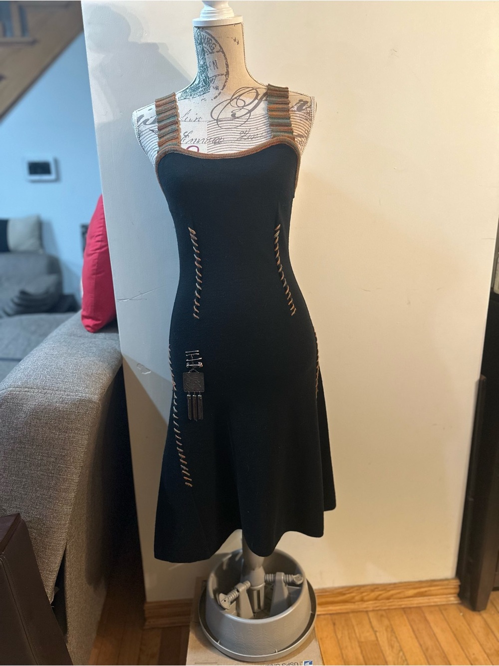 Save The Queen Black Midi Knit Dress with Tan Contrast Trim